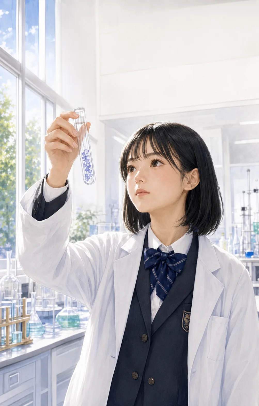 実験室で試験管を見つめる高校生